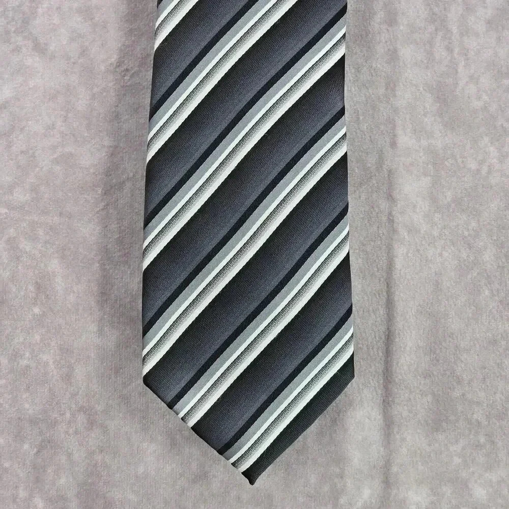 Stafford‎ Essentials Black Gray White Stripe 100% Polyester Men's Neck Tie NWOT
